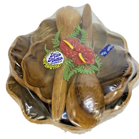 Hilo Hattie Wood Salad Bowl Set Hawaiian Tiki Luau Philippines Utensils New MCM - Picture 1 of 8